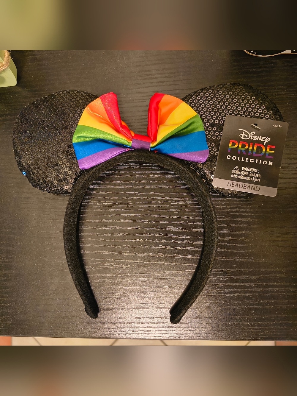 Disney Black Sequin Ear Headband with Rainbow Bow